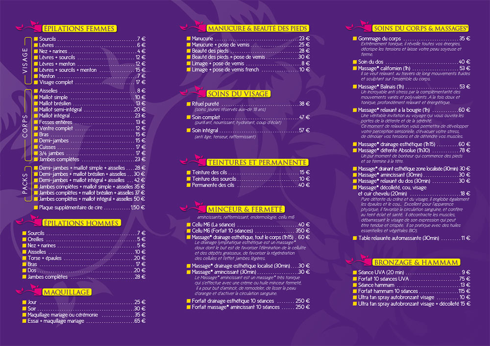 Allure, Institut de beauté – 2 plis roulé – intérieur Intérieur de plaquette 3 volets avec tarifs